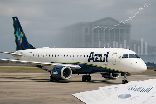 Azul aircraft with financial chart overlay and CVM investigation headline
