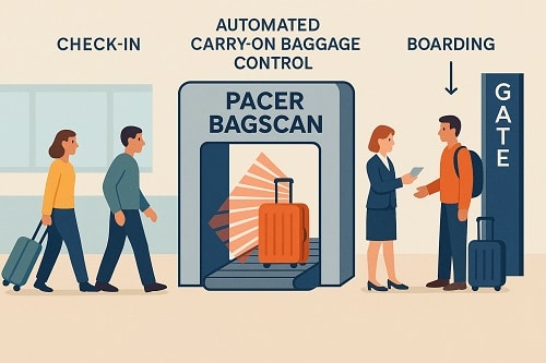 Illustration of Pacer BagScan automated carry-on baggage control at an airport